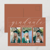 Terracotta Calligraphy Minimal Afstuderen 3 Foto Uitnodiging Briefkaart (Voorkant / Achterkant)