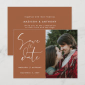 Terracotta Calligraphy Save the Date Wedding Photo Uitnodiging Briefkaart (Voorkant / Achterkant)