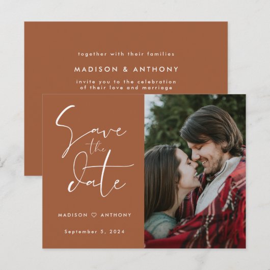 Terracotta Calligraphy Save the Date Wedding Photo Uitnodiging Briefkaart (Voorkant / Achterkant)