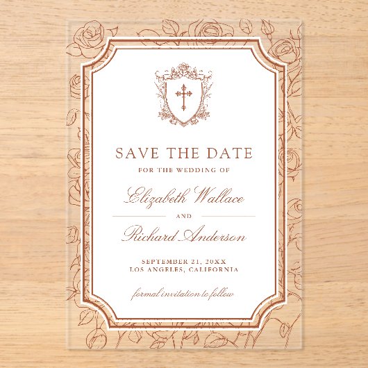 Terracotta Catholic Wedding Save the Date Acryl Uitnodigingen (Voorkant)
