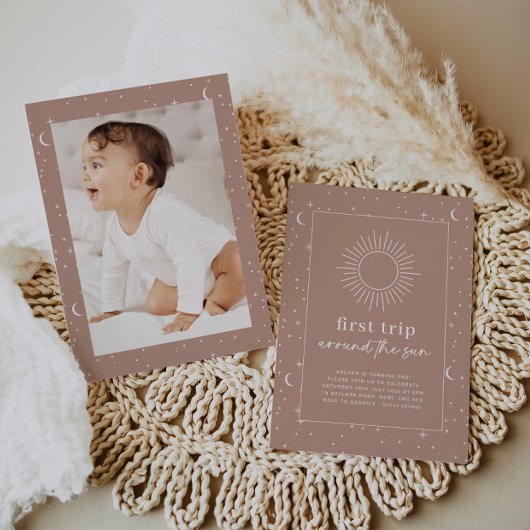 Terracotta Celestial 1st Birthday Photo Invitation Kaart