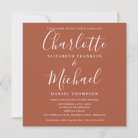 Terracotta Chic Script All In One Trouwvierkant Kaart (Voorkant)