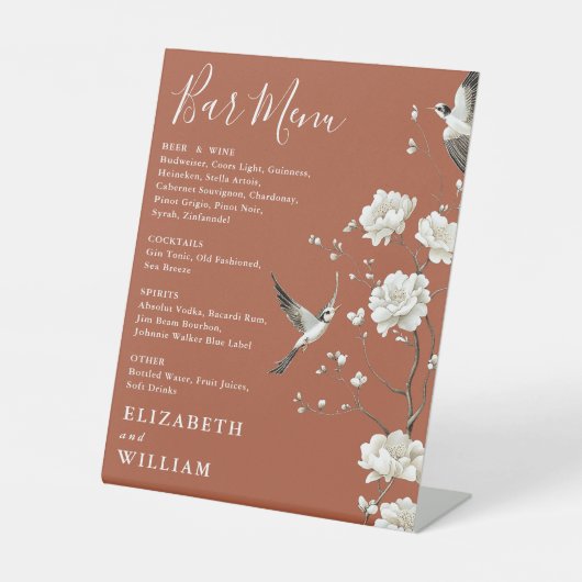 Terracotta Chinoiserie Bloemenbar Menu Trouwen Reclamebord Met Voetstuk (Voorkant)