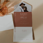 Terracotta Clean Line Wedding Invitation All In One Uitnodiging<br><div class="desc">Moderne en schone trouwuitnodiging sjabloon met schone minimalistische lijn met uw initialen. De achtergrondkleur is terracotta.</div>