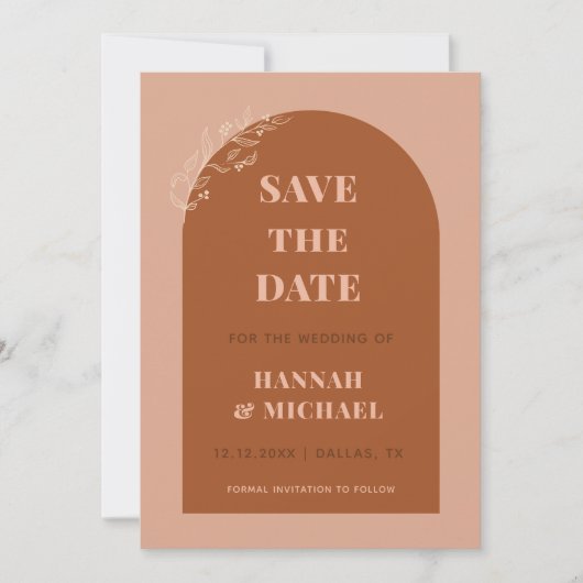 Terracotta & Cream Boho Arch Minimalist Botanical Save The Date (Voorkant)