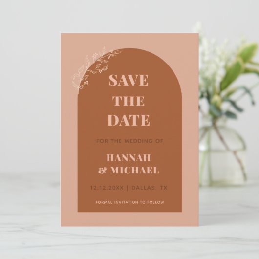 Terracotta & Cream Boho Arch Minimalist Botanical Save The Date (Staand voorkant)