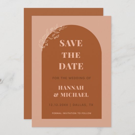 Terracotta & Cream Boho Arch Minimalist Botanical Save The Date (Voorkant / Achterkant)