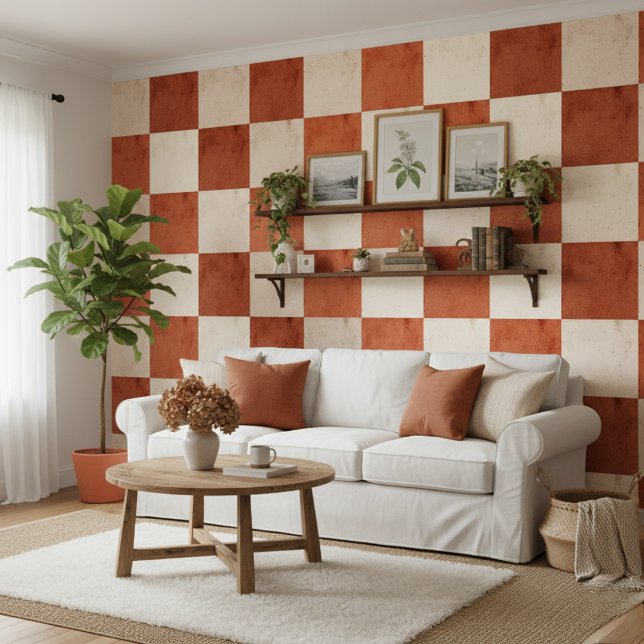 Terracotta & Cream Checkerboard Mediterranean Behang (Creator heeft geüpload)