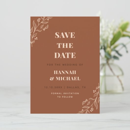 Terracotta Cream Drawn Floral Botanical Herfst Lea Save The Date (Staand voorkant)