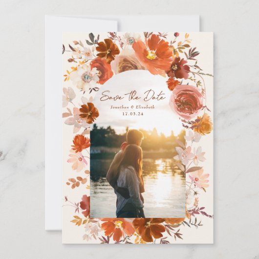 Terracotta Cream Floral Wedding Arch Save The Date (Voorkant)