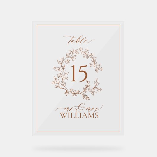 Terracotta Crest Monogram Trouwtafel Nummer Acryl Bord (Voorkant)