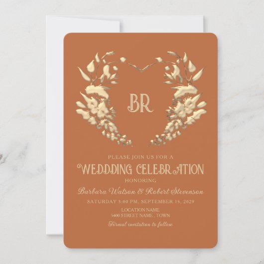 Terracotta Crest Monogram Wedding Uitnodiging (Voorkant)