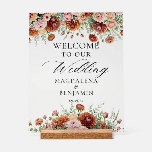 Terracotta Dahlia Bloemen Kalligrafie Welkom Acryl Bord (Voorkant)