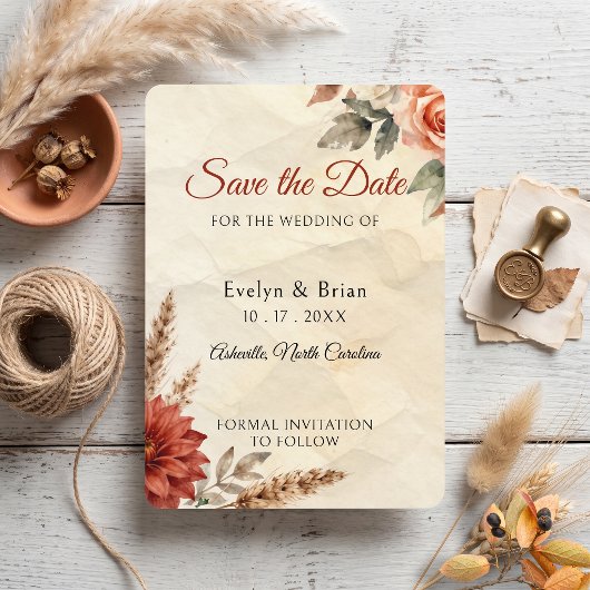 Terracotta Dahlia Pampas Gras Herfst Boho Bruiloft Save The Date