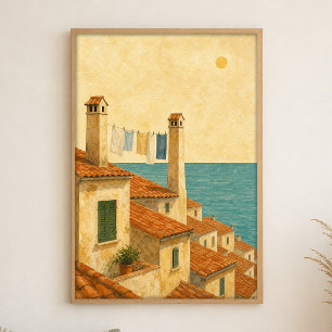 Terracotta Daken naar de Zee Aquarel Poster