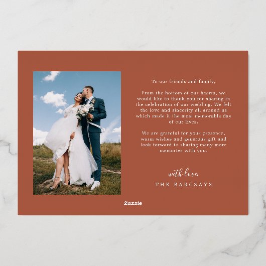 Terracotta Dank u Hart Script Bruiloft Kaart (Achterkant)