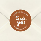 Terracotta dank u kalligrafie bruiloft gunst ronde sticker