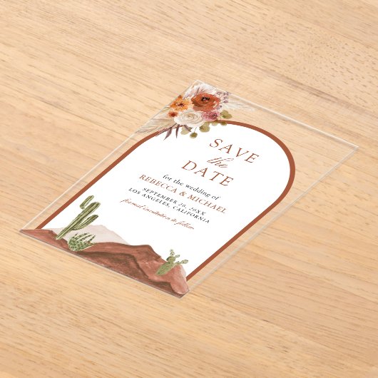 Terracotta Desert Cactus Wedding Save the Date Acryl Uitnodigingen (Laagn)
