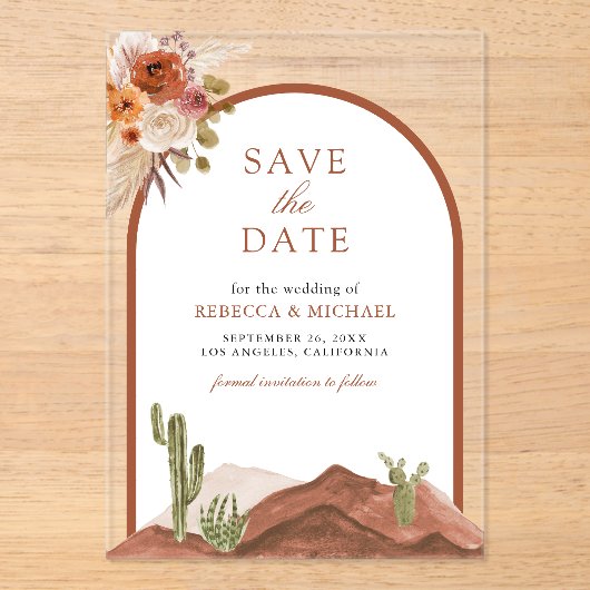 Terracotta Desert Cactus Wedding Save the Date Acryl Uitnodigingen (Voorkant)