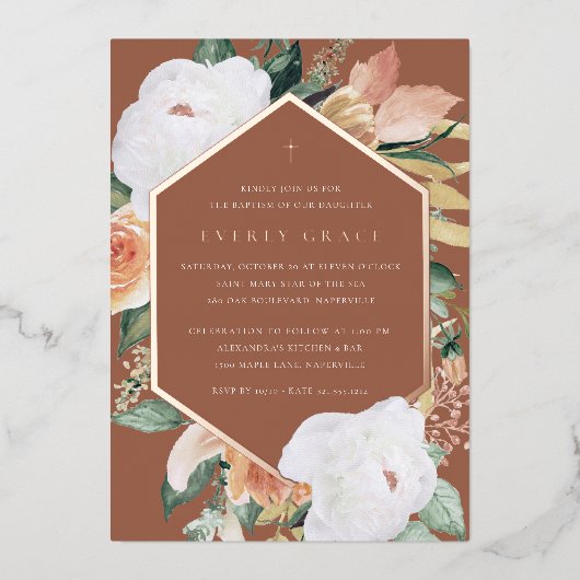 Terracotta | Desert Floral Baptisme Folie Uitnodiging (Voorkant)