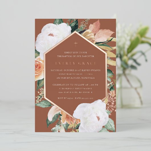 Terracotta | Desert Floral Baptisme Folie Uitnodiging (Staand Voorkant)