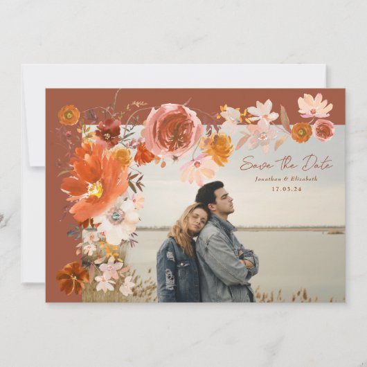 Terracotta Desert Floral Lijst Bouquet Foto Save The Date (Voorkant)