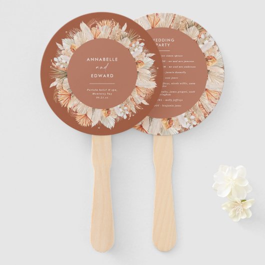 terracotta dry botanical script elegant bruiloft handwaaier (Voorkant en achterkant)