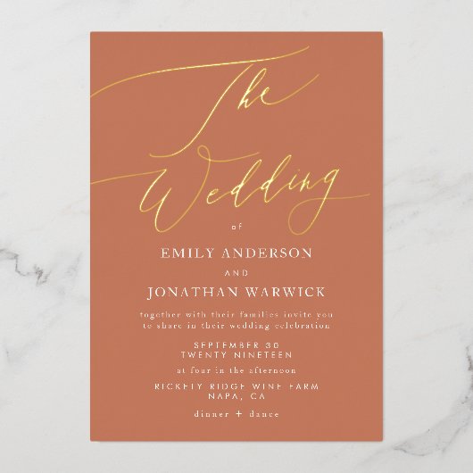Terracotta Dusty Oranje Elegant Boho Gold Wedding Folie Uitnodiging (Voorkant)