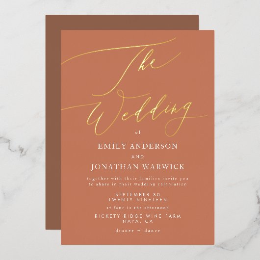 Terracotta Dusty Oranje Elegant Boho Gold Wedding Folie Uitnodiging (Voorkant / Achterkant)