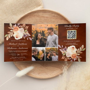 Terracotta Earthy Ivory Floral QR Code Wedding Drieluik Uitnodiging