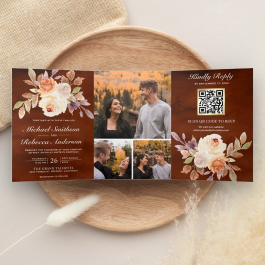 Terracotta Earthy Ivory Floral QR Code Wedding Drieluik Uitnodiging