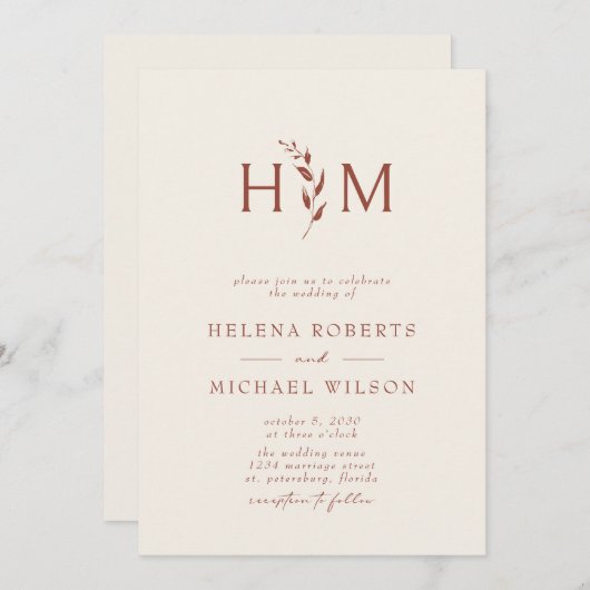 Terracotta Ecru QR Code Botanical Monogram Weddens Kaart (Voorkant / Achterkant)