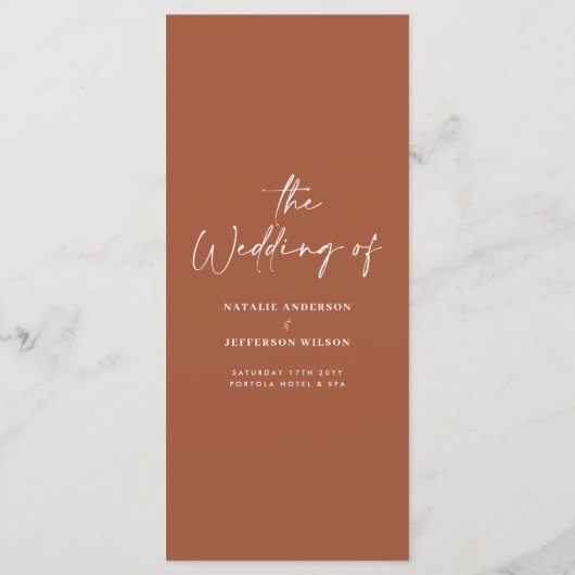 terracotta eenvoudig elegant script bruiloft menu (Achterkant)