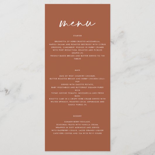 terracotta eenvoudig elegant script bruiloft menu (Voorkant)