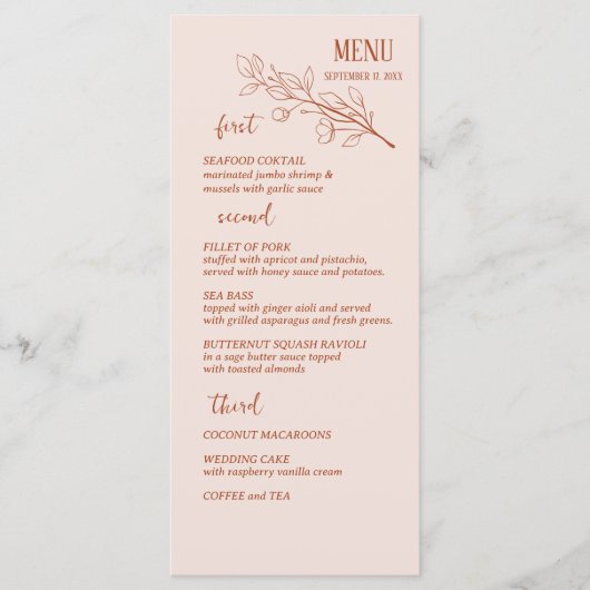 Terracotta Eenvoudige Boho Bloemen Bruiloft Menu (Voorkant)