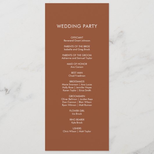 Terracotta eenvoudige elegante bruiloft programma programmakaart (Achterkant)