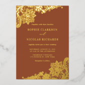 Terracotta Elegant Antiek Kant Rustiek Huwelijk Folie Uitnodiging (Voorkant)