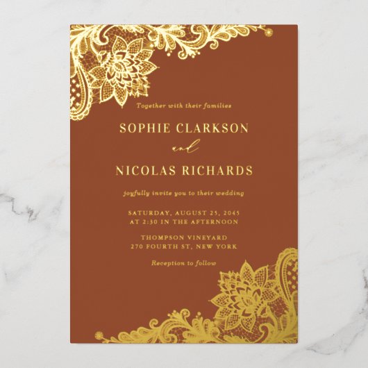 Terracotta Elegant Antiek Kant Rustiek Huwelijk Folie Uitnodiging (Voorkant)