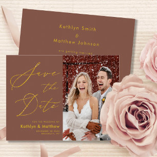 Terracotta Elegant Gold Script Modern Wedding Save The Date