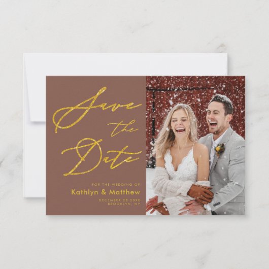 Terracotta Elegant Gold Script Modern Wedding Save The Date (Voorkant)
