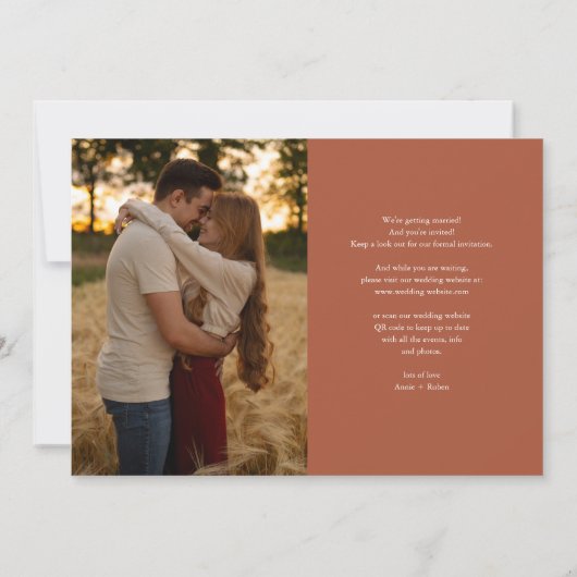 Terracotta Elegant Hart Script Foto Bruiloft Save The Date (Achterkant)