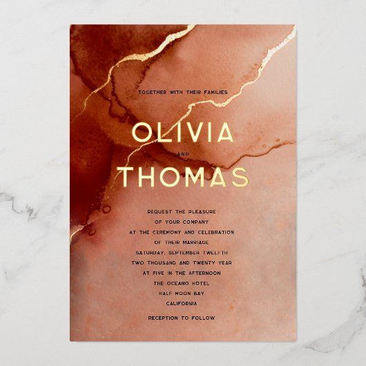 Terracotta Elegant Modern Beach Fall Bruiloft Goud Folie Uitnodiging (Voorkant)