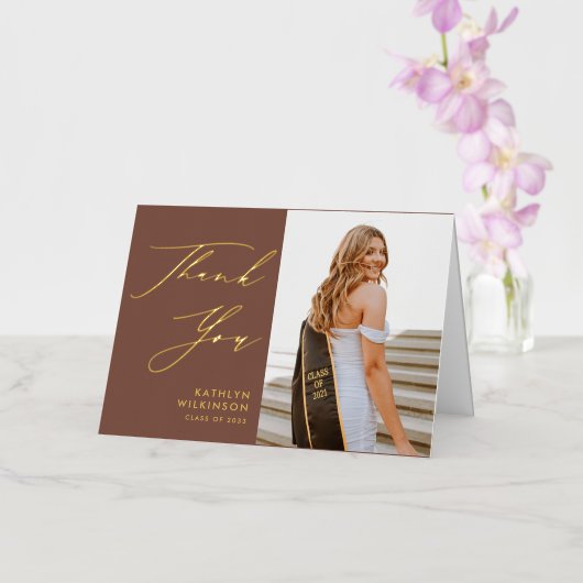 Terracotta Elegant Script Afstuderen Hartelijk dan Folie Wenskaart (Orchidee)