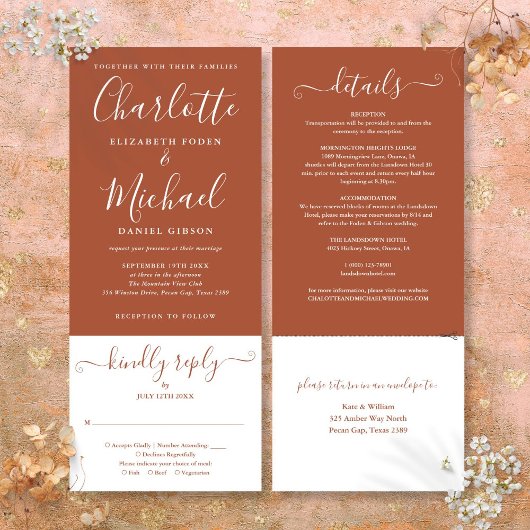 Terracotta Elegant Script All In One Trouw Kaart