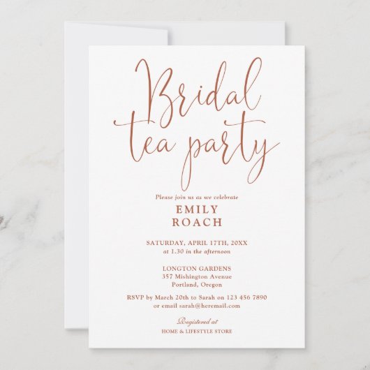 Terracotta Elegant Script Bruids Tea Party Douche Kaart (Voorkant)