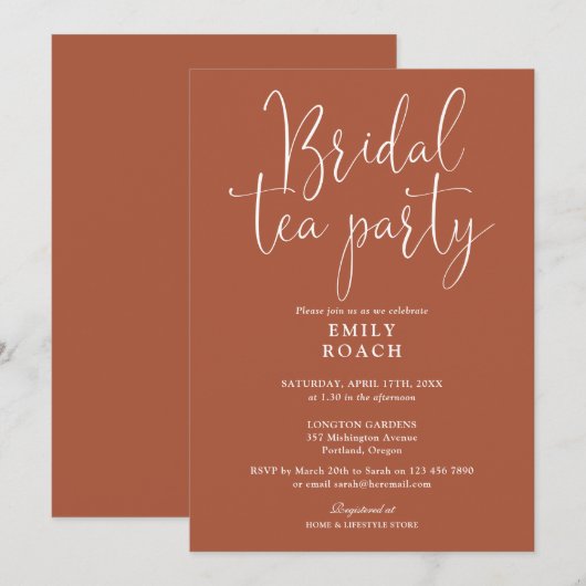 Terracotta Elegant Script Bruids Tea Party Douche Kaart (Voorkant / Achterkant)