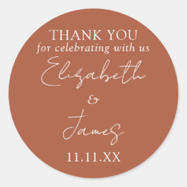 Terracotta Elegant Script Bruiloft Bedankt Ronde Sticker