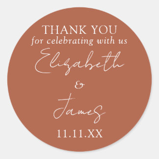 Terracotta Elegant Script Bruiloft Bedankt Ronde Sticker