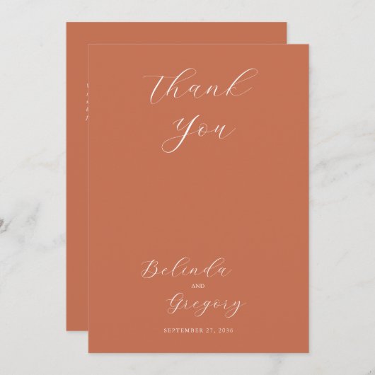 Terracotta Elegant Script Calligraphy Wedding Bedankkaart (Voorkant / Achterkant)