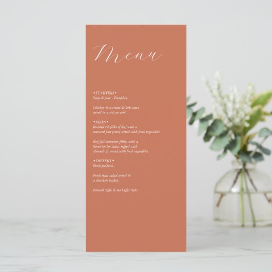 Terracotta Elegant Script Calligraphy Wedding Menu (Staand voorkant)